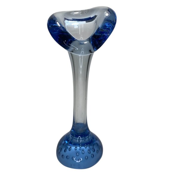 ASEDA Jack In The Pulpit Blue Hand Blown Glass Bud Vase Controlled Bubble Base - Picture 1 of 2